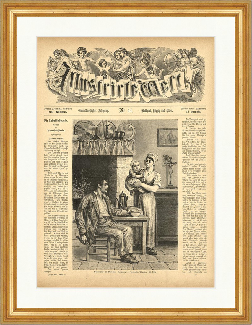 Bauernstube in Brabant Constantin Meunier Kruzifix Kamin Baby Holzstich