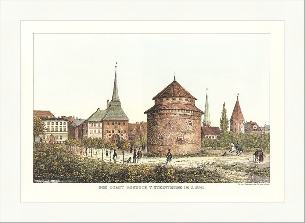 Stadt Rostock v Steinthore im  Jahr  1841  Rosengarten Turm 
