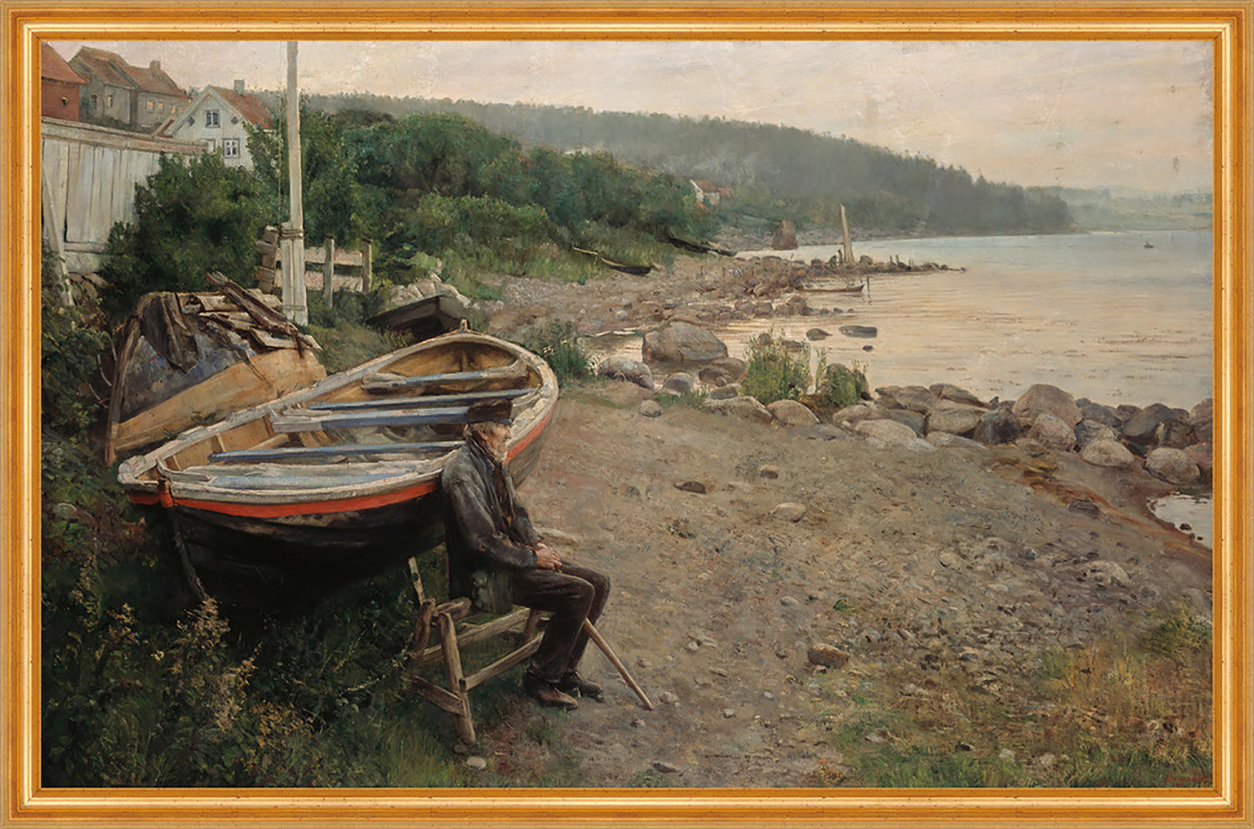 View from Asgardstrand Hans Heyerdahl Ufer Boote Strand Steine Stadt B A1 02197