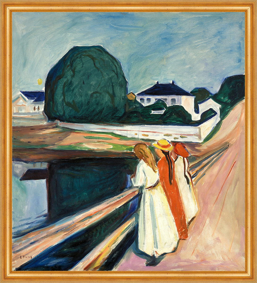 The Girls on the Bridge Edvard Munch Brücke Mädchen Frau Dorf Häuser B