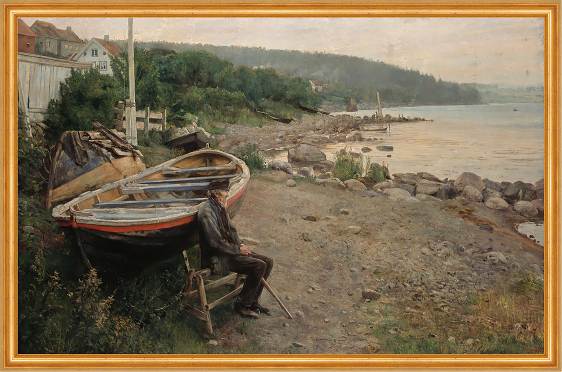 View from Asgardstrand Hans Heyerdahl Ufer Boote Strand Steine Stadt B A2 02197
