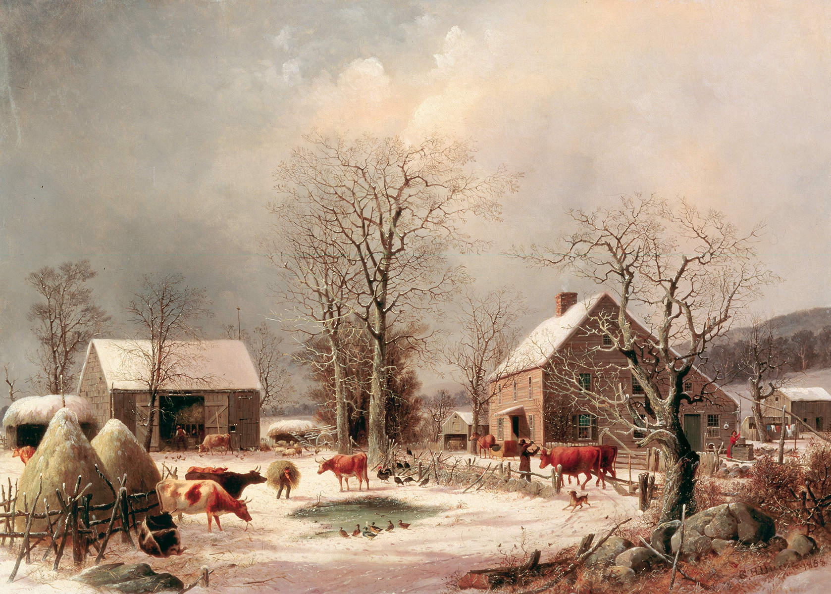 Farmyard in Winter George Henry Durrie Bauernhof Winter Kühe Enten B A3 02014