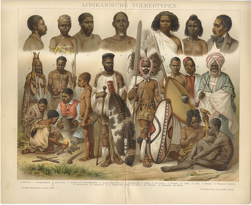 Afrika Kultur Karten Völkertypen Äquatorialafrika Zulu Baluba Brockhaus 7006 - Billerantik