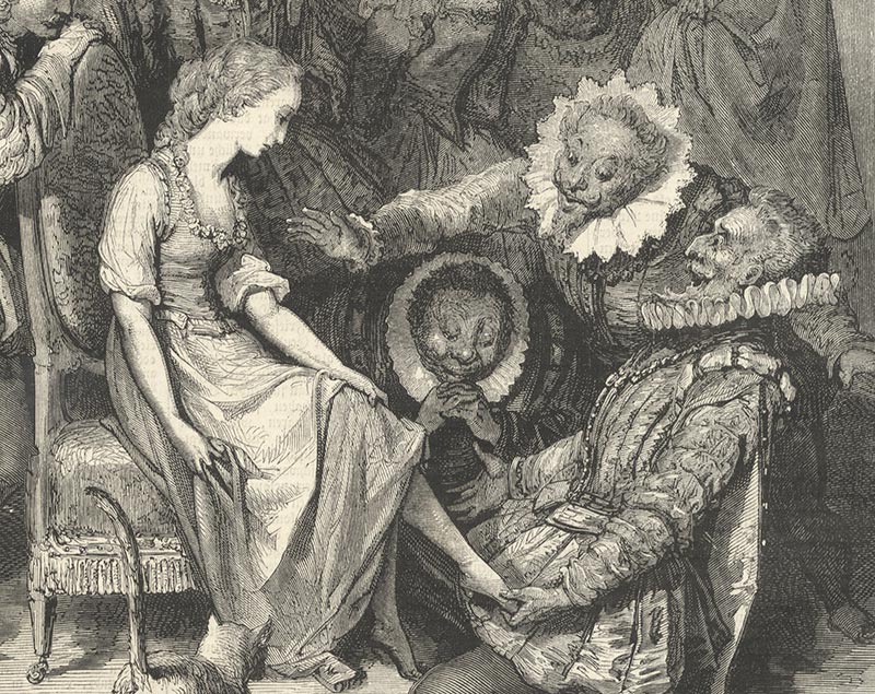 Aschenputtel. Die Schuhprobe Aschenputtels Holzstich Märchen Grimm