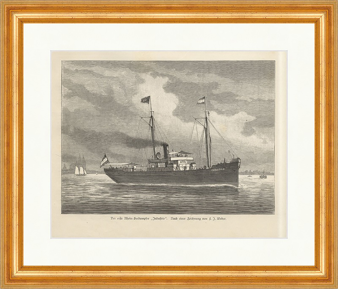 Der erste Rhein Seedampfer Industrie F.J. Weber Schiff Holzstich E 11010 Gerahmt