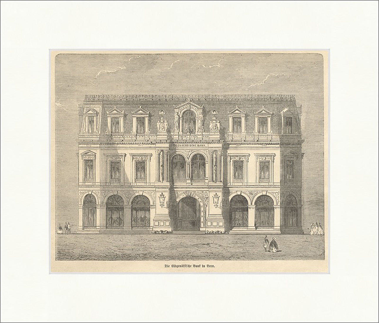 Die Eidgenössische Bank in Bern Schweiz Fenster Lampen Fassade Holzstich E 12719