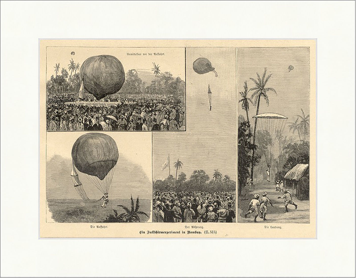 Ein Fallschirmexperiment in Bombay Heißluftballon Publikum Holzstich E 14703
