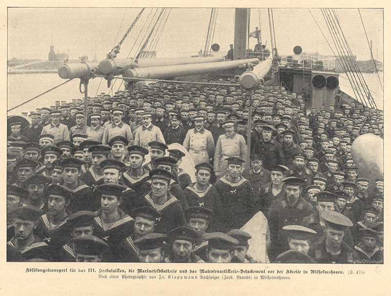 Ablösungstransport für das III. Seebataillon in Wilhelmshafen Holzstich