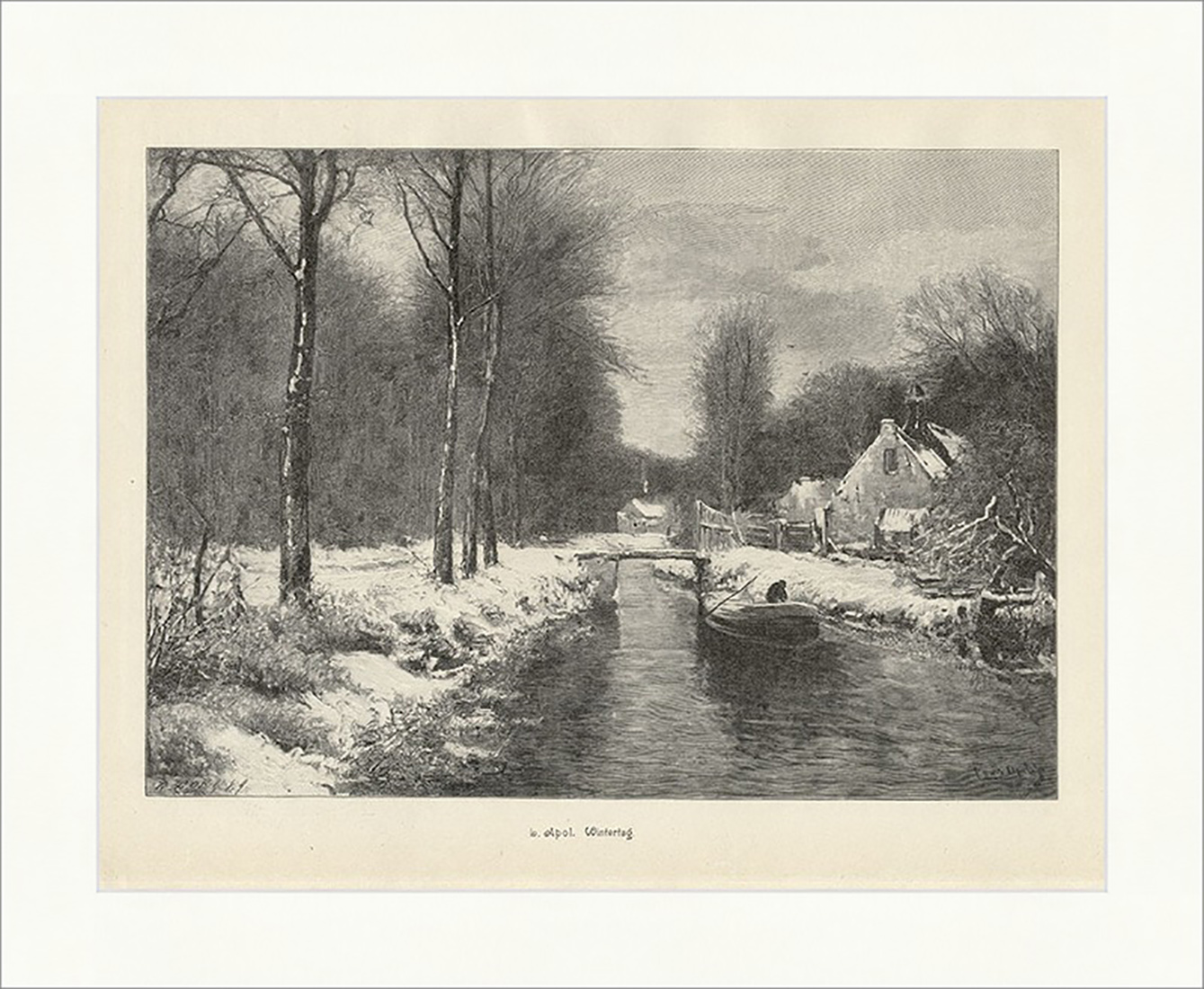Wintertag L. Apol Bach Schnee Boot Bäume Dorf Brücke Steg Holzstich E 16632