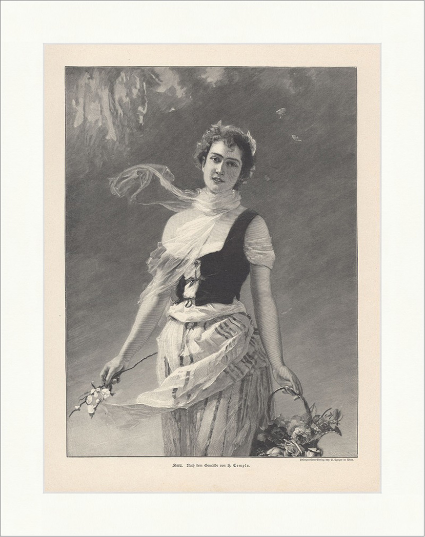 Flora Mädchen Frauen Halstuch Tüll Korb Blumen Rosen Tracht Holzstich E