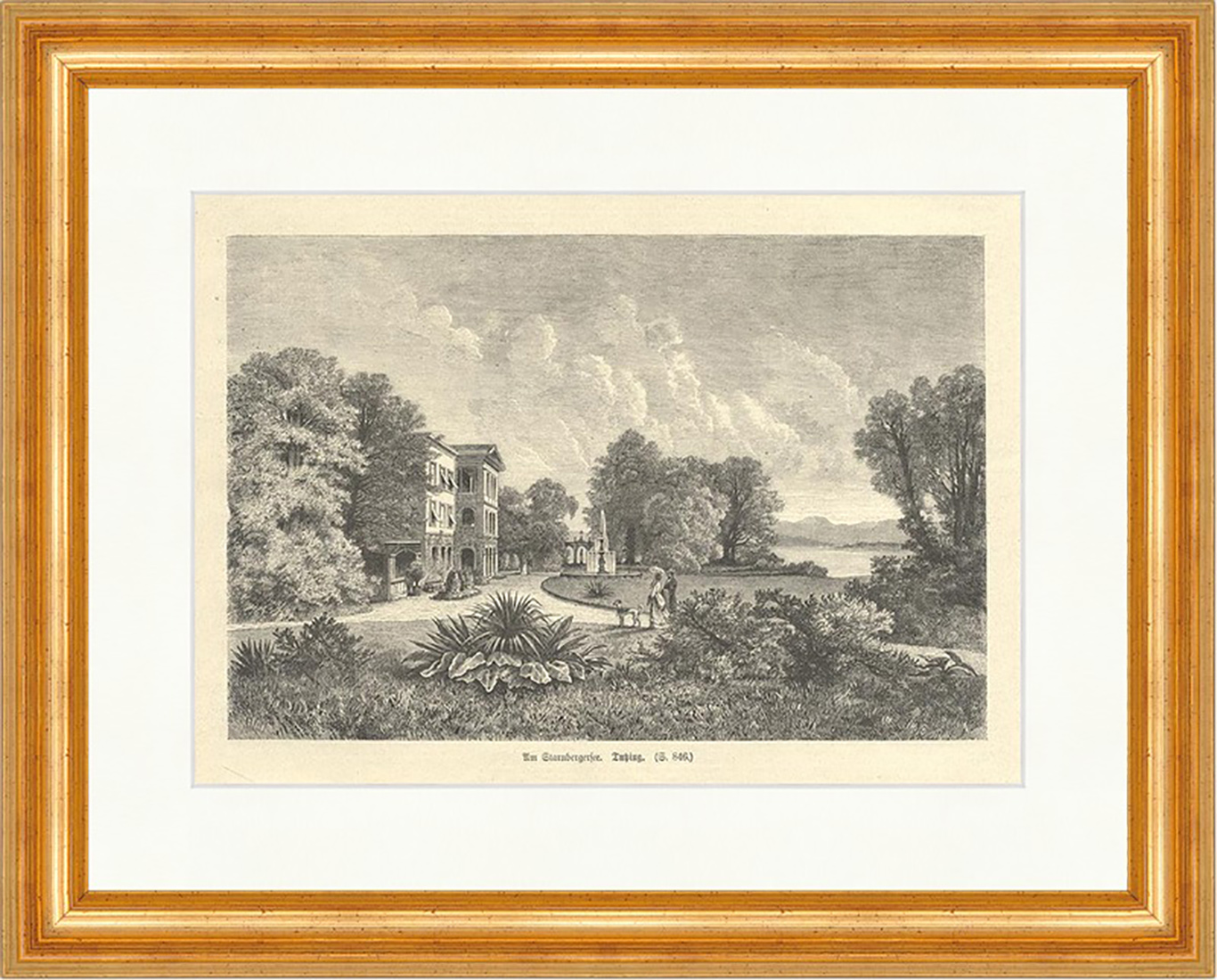 Am Starnbergersee. Tutzing Holzstich Deutsches Reich Bayern Kreuz E 1854 Gerahmt
