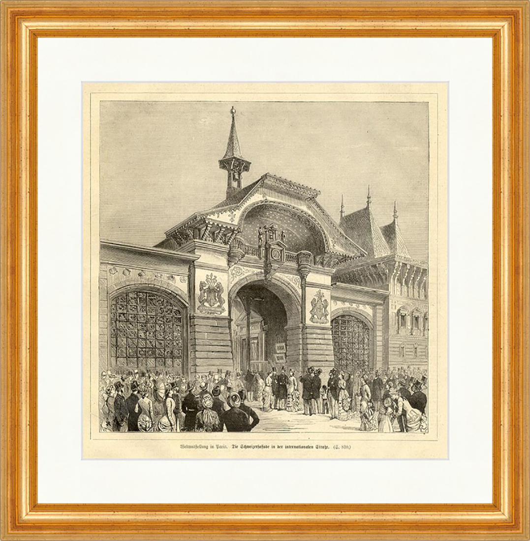 Weltausstellung Paris. Die Schweizerfassade Holzstich Tor Glocken E 1871 Gerahmt