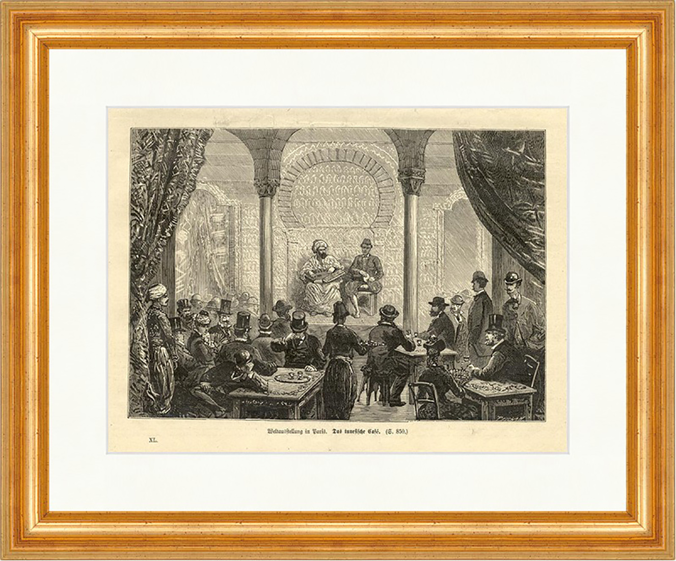 Weltausstellung in Paris. Das tunesische Cafe Holzstich Zylinder E 1872 Gerahmt