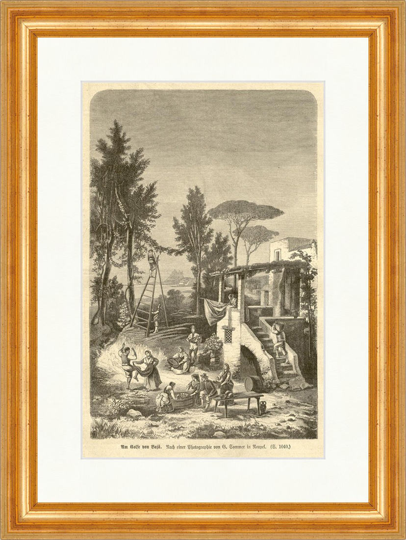 Am Golfe von Bajä Holzstich Tanzen Bäume Waschschüssel Treppe E 1880 Gerahmt