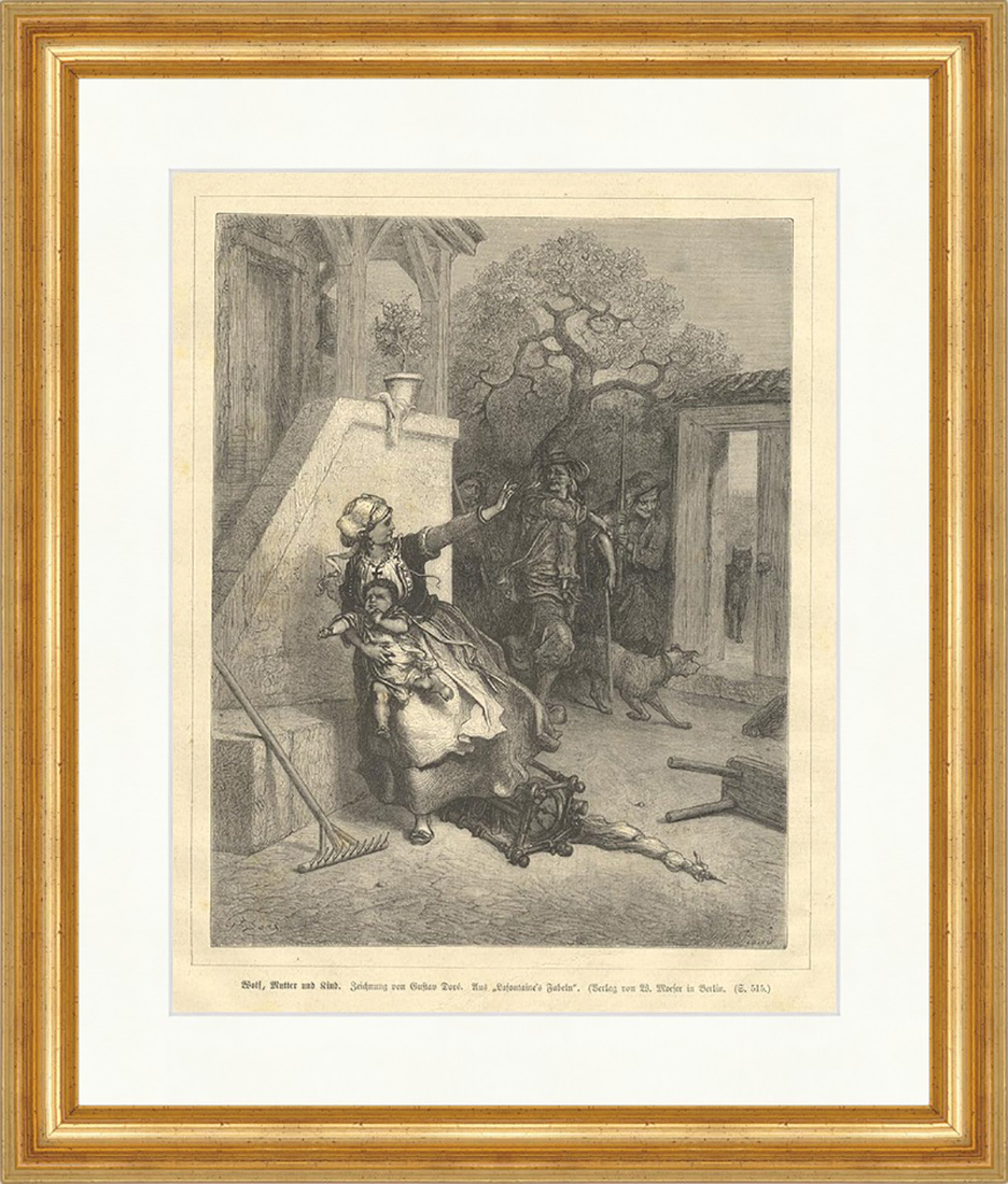 Wolfi, Mutter und Kind Holzstich Lafontaines Fabeln Dore Rechen E 1910 Gerahmt