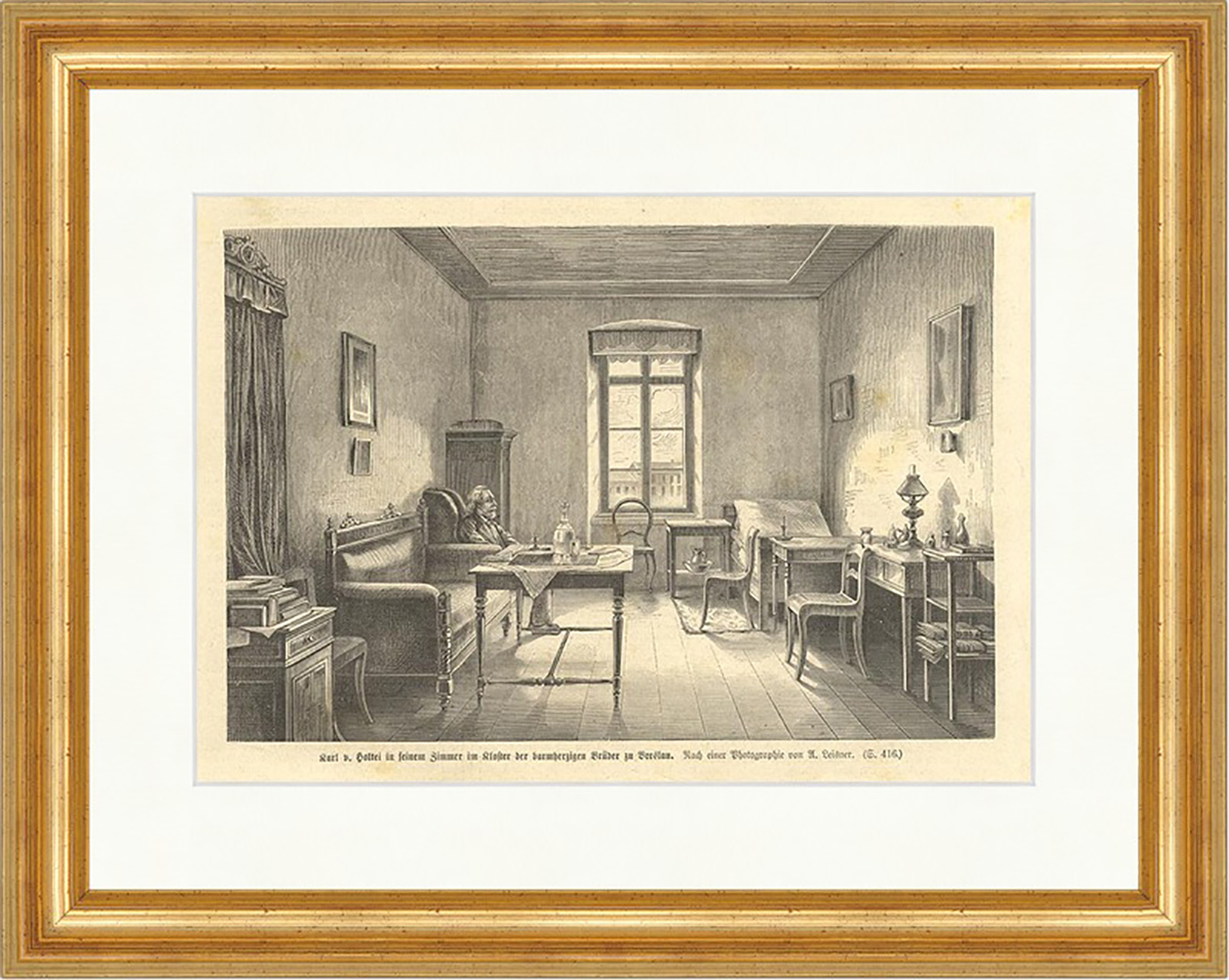 Karl von Holtei in seinem Zimmer im Kloster zu Breslau Holzstich E 1912 Gerahmt