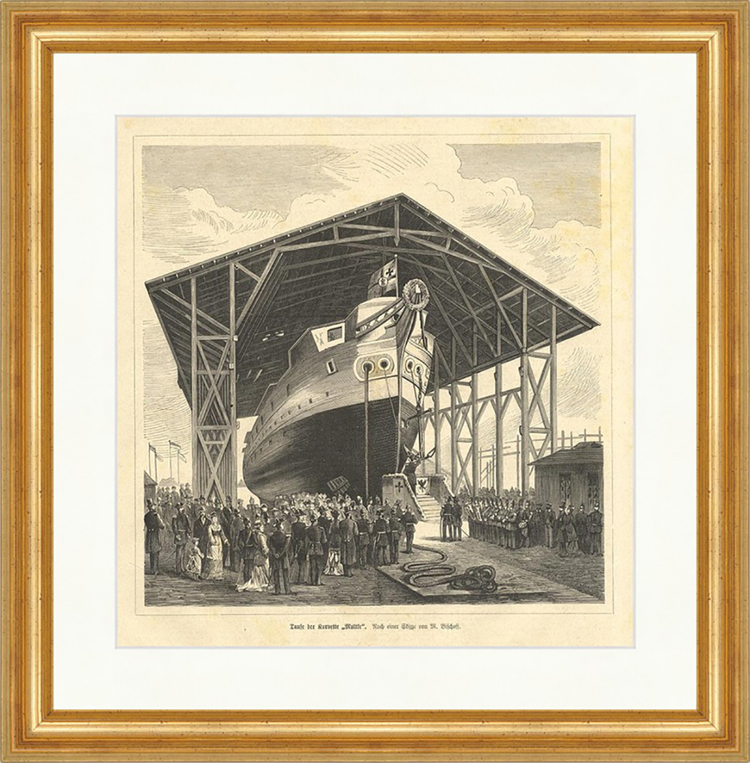 Taufe der Korvett Moltke Holzstich Schiff Deutsches Reich Werft E 1914 Gerahmt