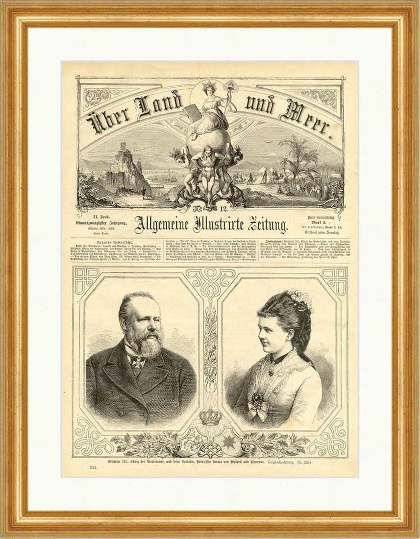 Wilhelm III. König der Niederlande Holzstich Emma von Waldeck E 1969 Gerahmt