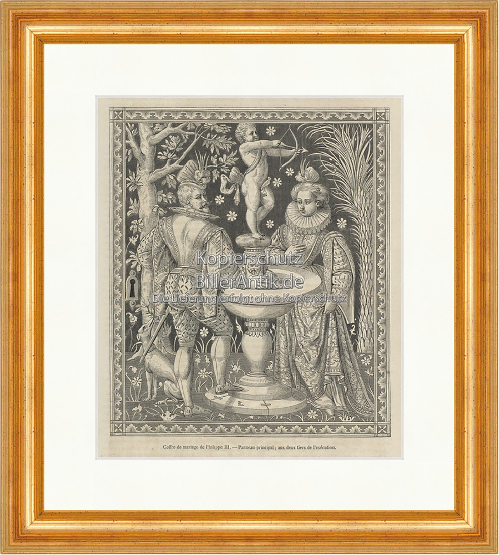 Coffre de mariage de Philippe III Isabella v. Aragon Holzstich E 19732 Gerahmt