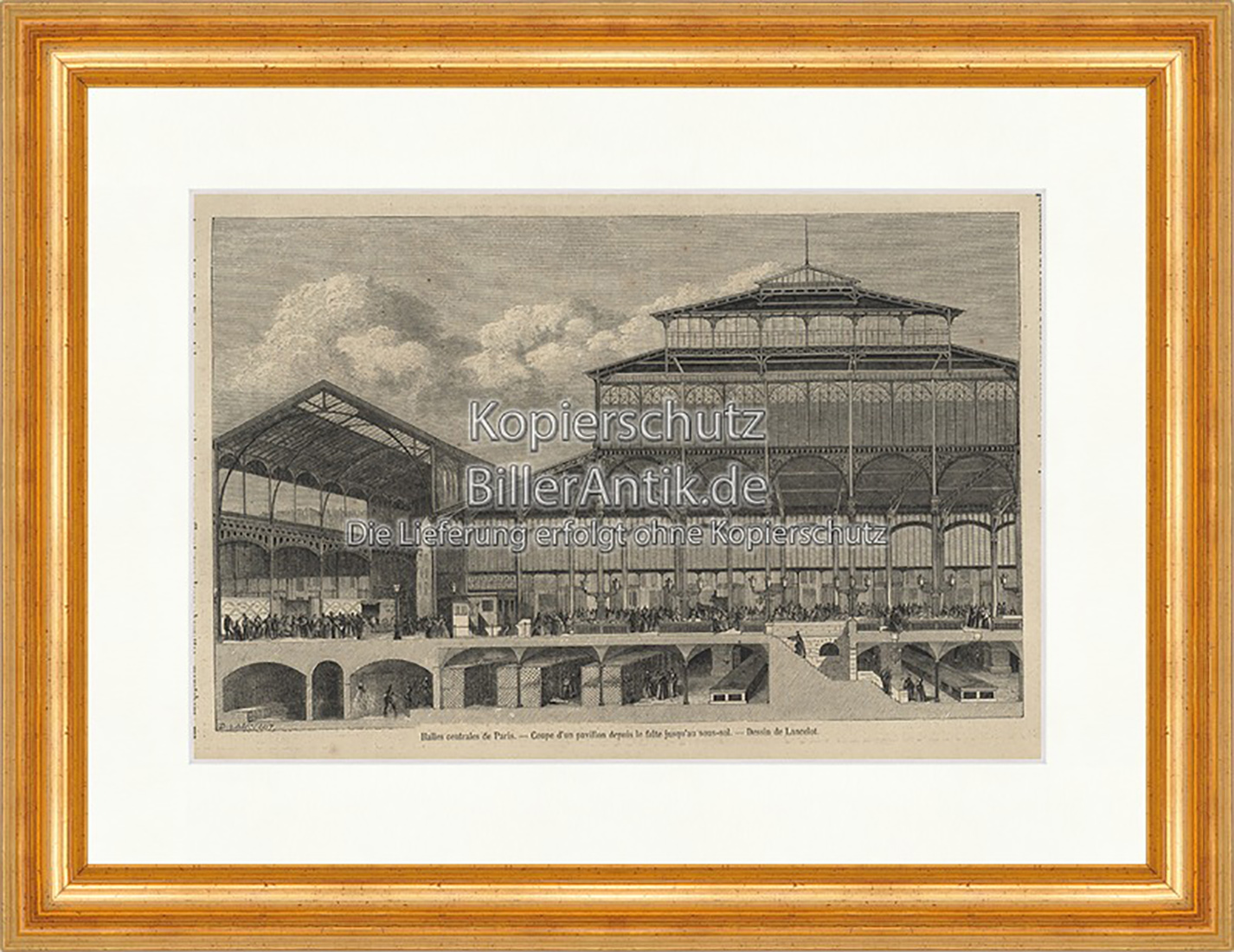 Coupe d un pavillon depuis le faite Markthalle Lager Holzstich E 19754 Gerahmt