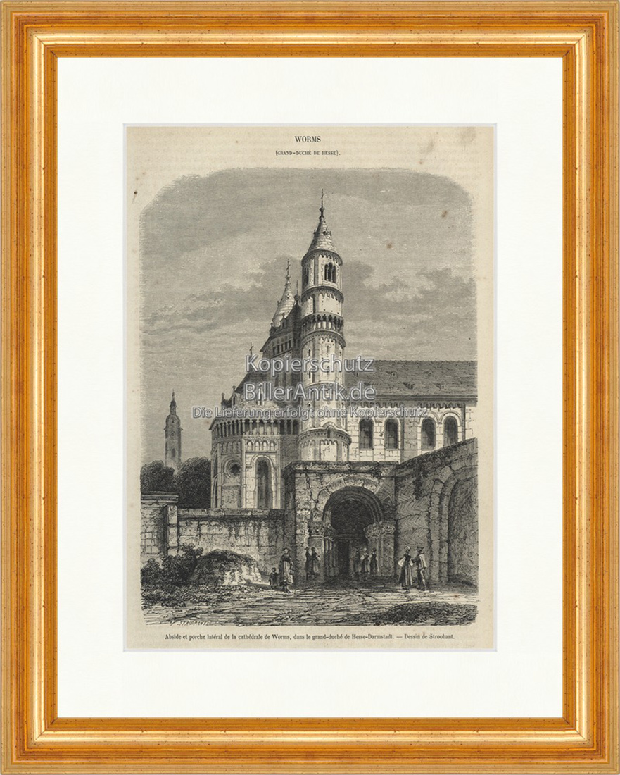 Abside et porche lateral de la cathedrale de Worms Holzstich E 19764 Gerahmt