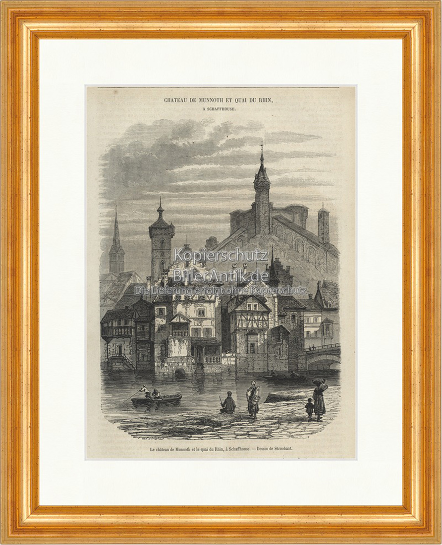 Le chateau Munnoth et le quai du Rhin Zirkularfestung Holzstich E 19765 Gerahmt