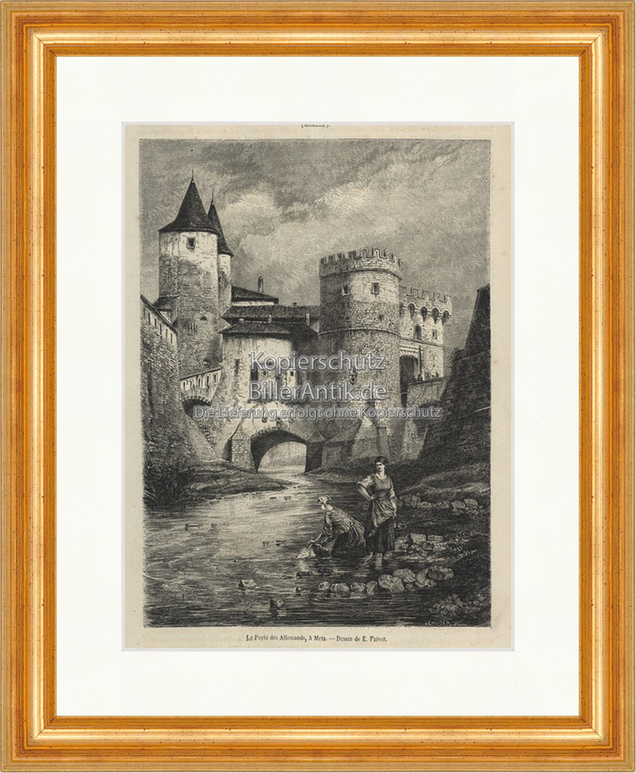 La Porte des Allemands Metz Wäscherinnen Zugbrücke Holzstich E 19774 Gerahmt