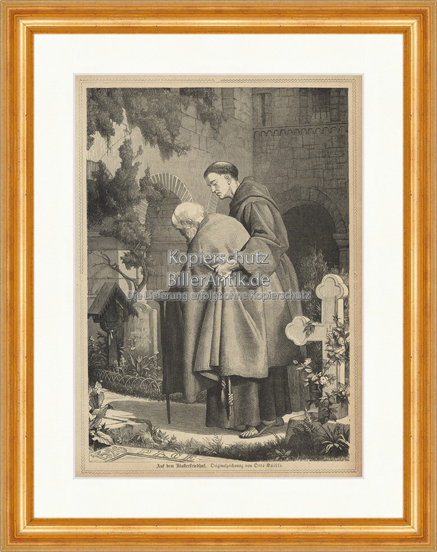 Auf dem Klosterfriedhof Kuille Trauer Mönch Greis Holzstich E 19787 Gerahmt