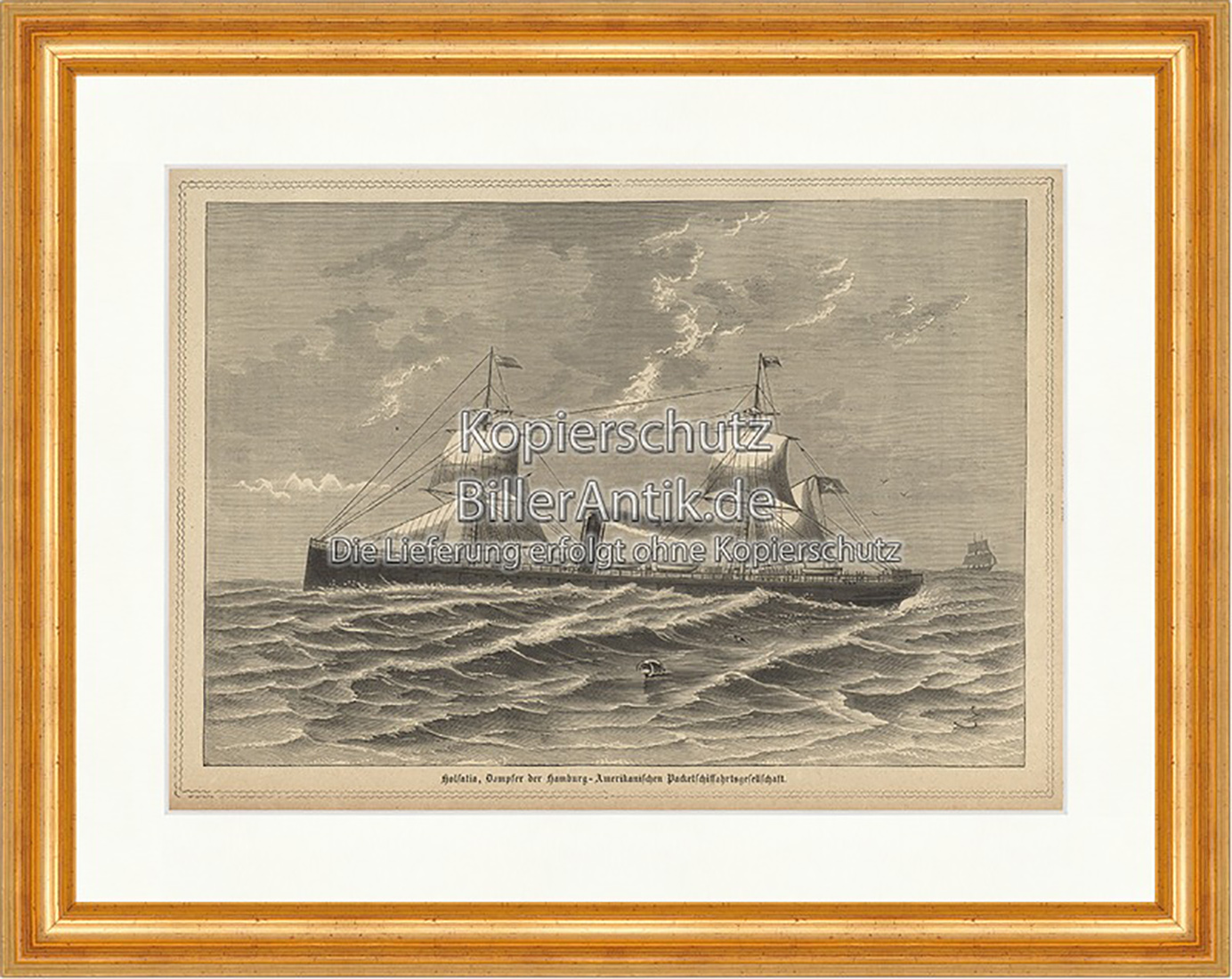 Holsatia Dampfer der Hamburg Amerikanisch Gesellschaft Holzstich E 19789 Gerahmt