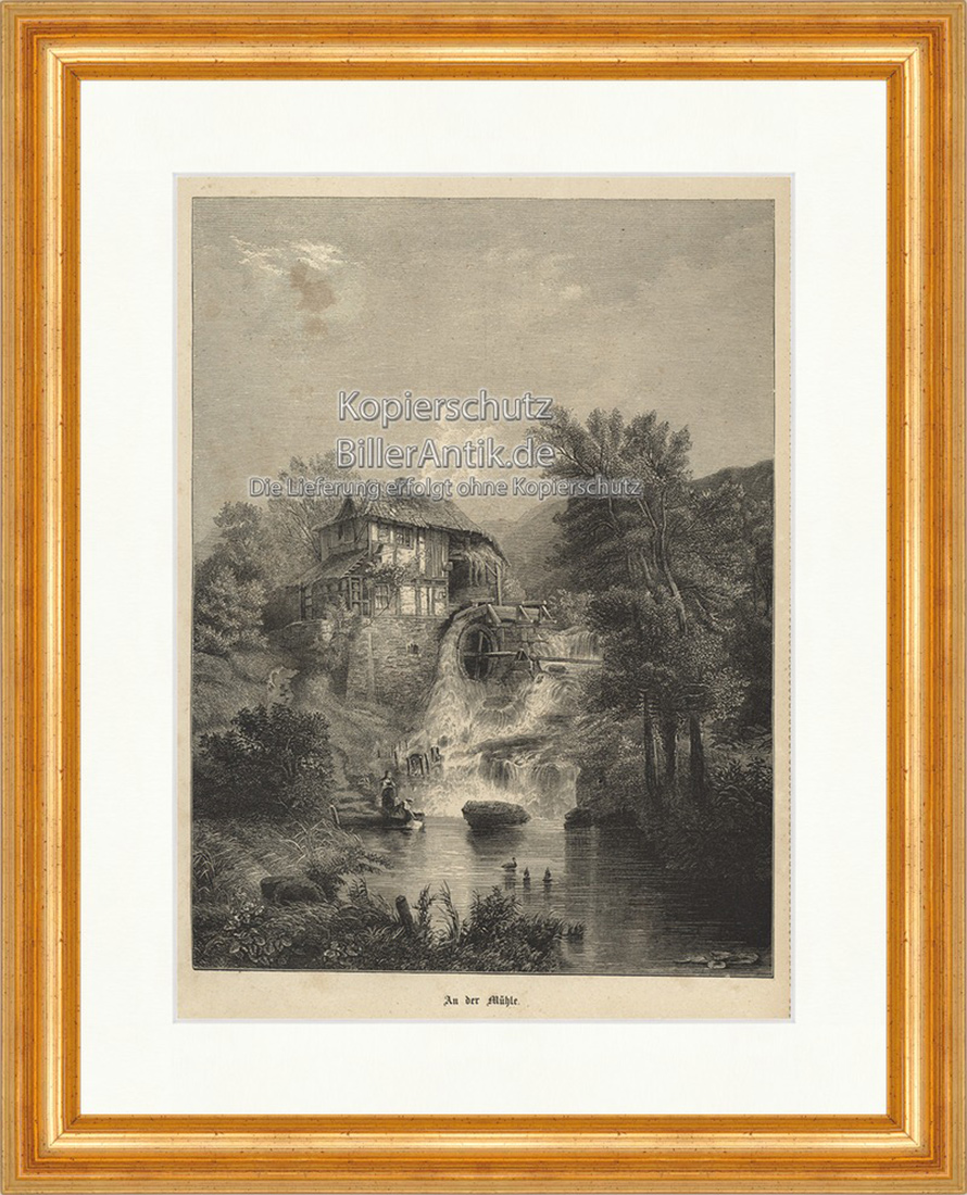 An der Mühle Wasserrad Mädchen See Enten Heu Gebäude Holzstich E 19803 Gerahmt