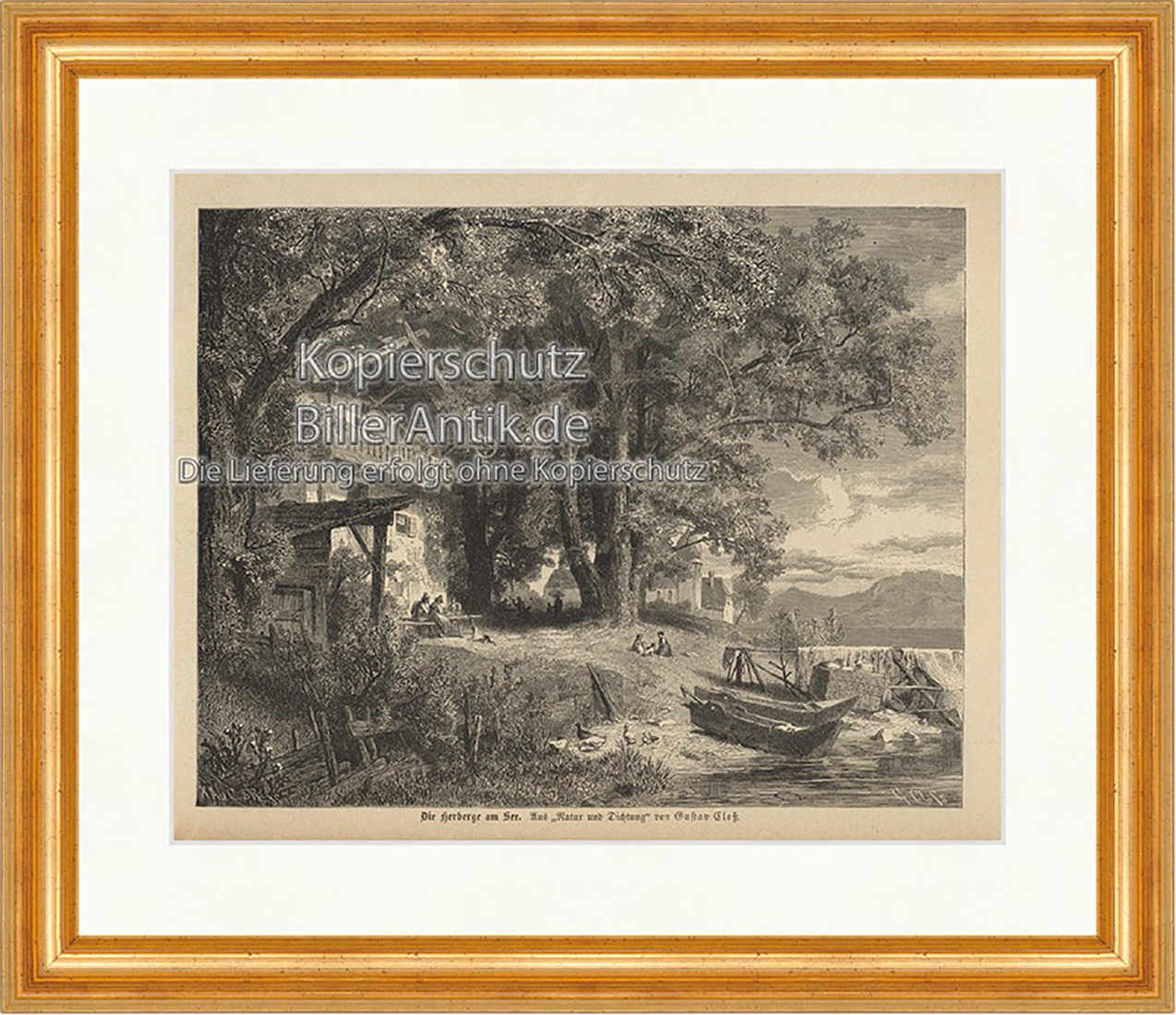 Herberge am See Natur Dichtung Kirche Boote Unterkunft Holzstich E 19817 Gerahmt