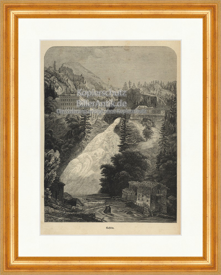 Gastein Tal Kurort Graukogel Klippen Wasserfall Hohe Holzstich E 19868 Gerahmt