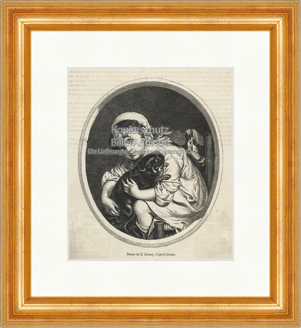 Dessin de E. Lorsay Greuze Porträt Kind Hund Kappe Holzstich E 19879 Gerahmt