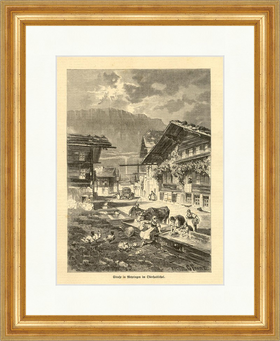 Straße in Mehringen im Oberhaslithal Holzstich Bauernhäuser E 1988 Gerahmt