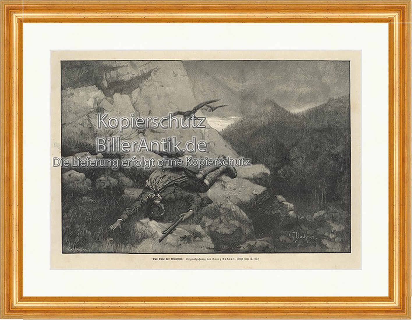 Ende des Wilderers Gebirge Absturz Krähen Aasfresser Holzstich E 19893 Gerahmt