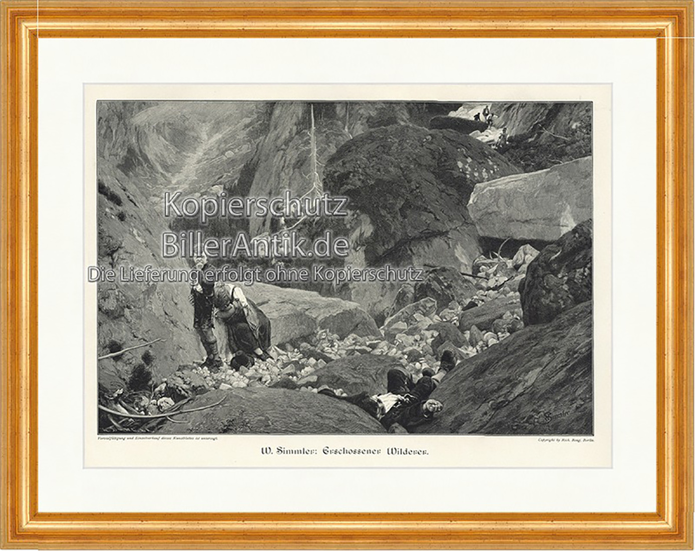 Erschossener Wilderer Tod Trauer Kinder Gebirge Sucher Holzstich E 19895 Gerahmt