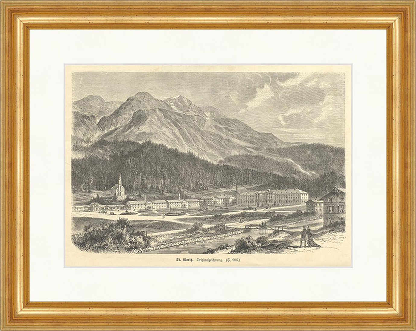 St. Moriz Holzstich Schweiz Graubünden Gebirge Berge Kirche Fluß E 1991 Gerahmt