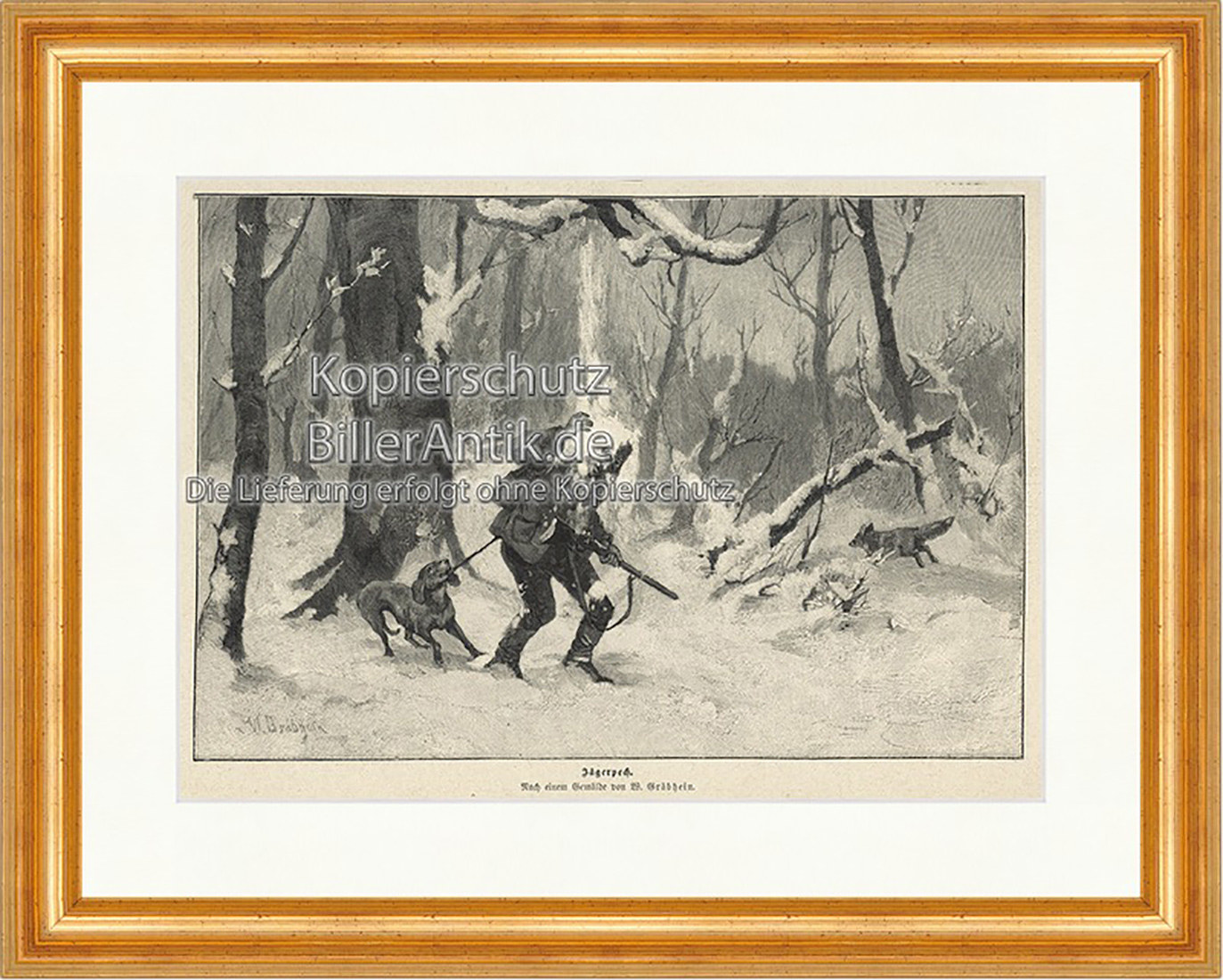 Jäögerpech Fuchs Flucht Winter Schnee Waidmann Wald Holzstich E 19921 Gerahmt