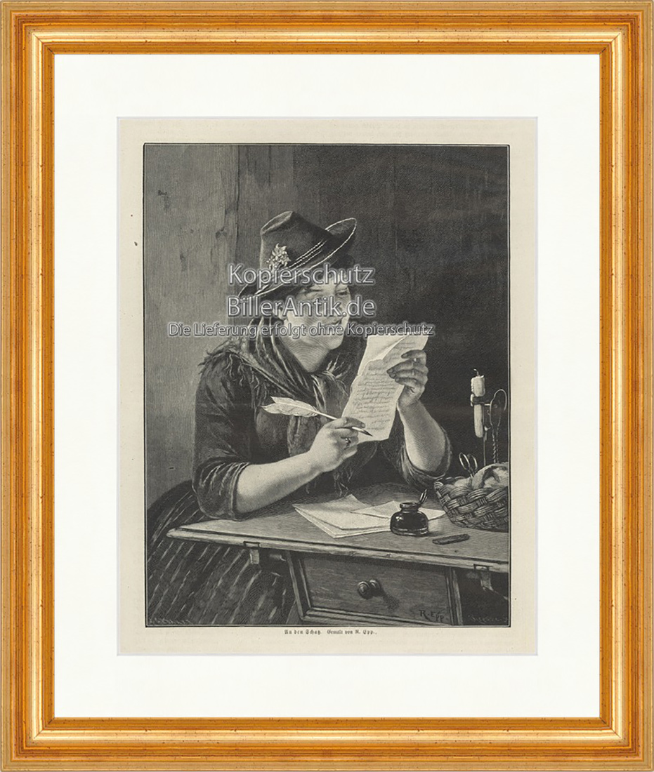An den Schatz Liebesbrief Feder Tinte Kerzenwachs Holzstich E 19927 Gerahmt
