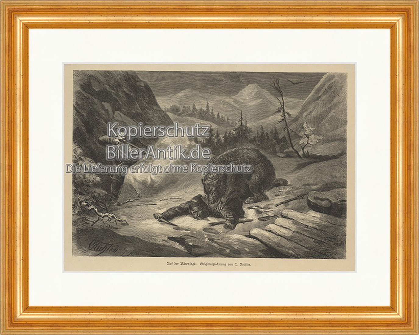 Bärenjagd Zielen Braunbär Raubtier Jäger Felswand Holzstich E 19931 Gerahmt