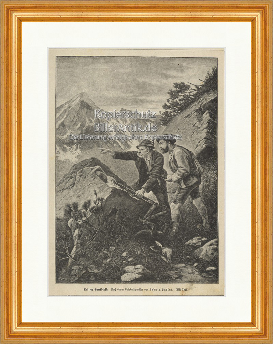 Auf der Gamsbirsch Ludwig Paulus Beute Schrotflinte Holzstich E 19940 Gerahmt