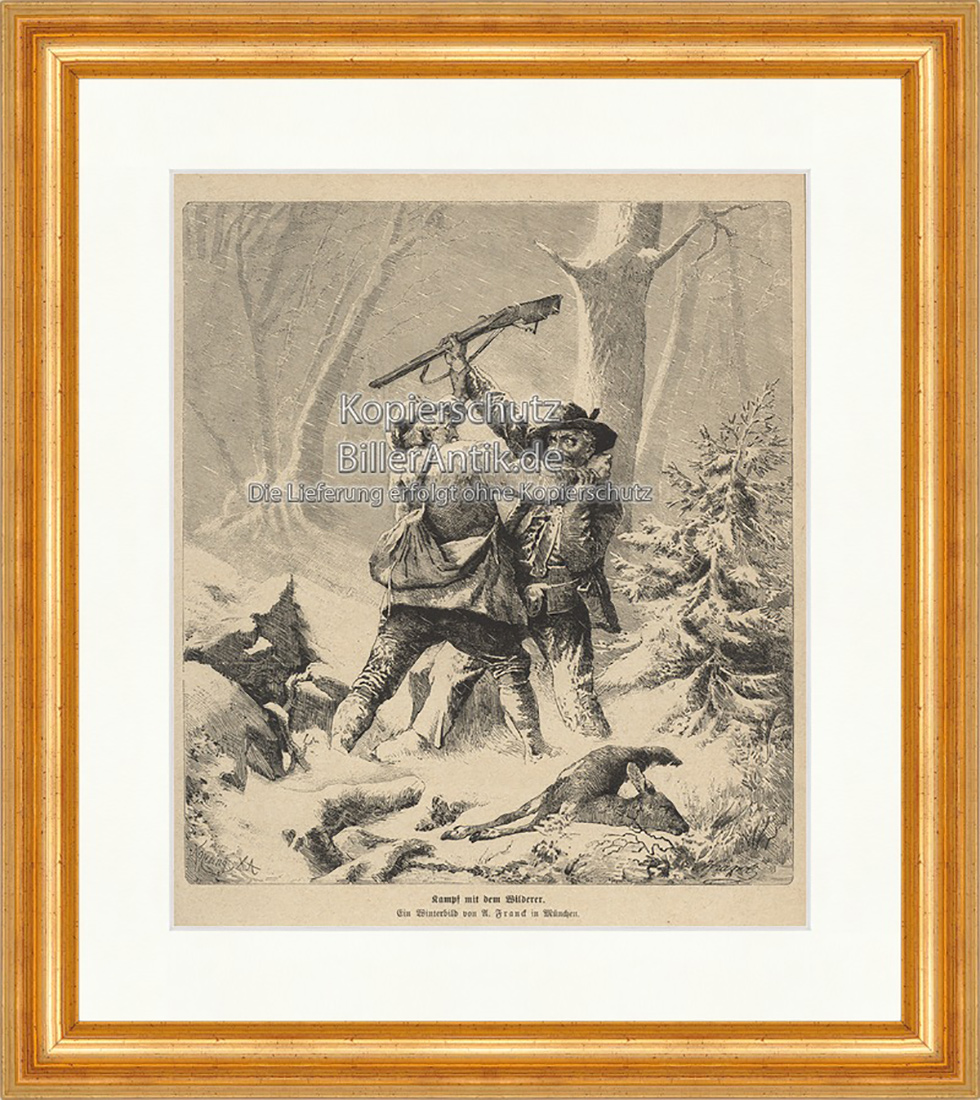 Kampf mit dem Wilderer Jäger Erbittert Flinte Winter Holzstich E 19946 Gerahmt