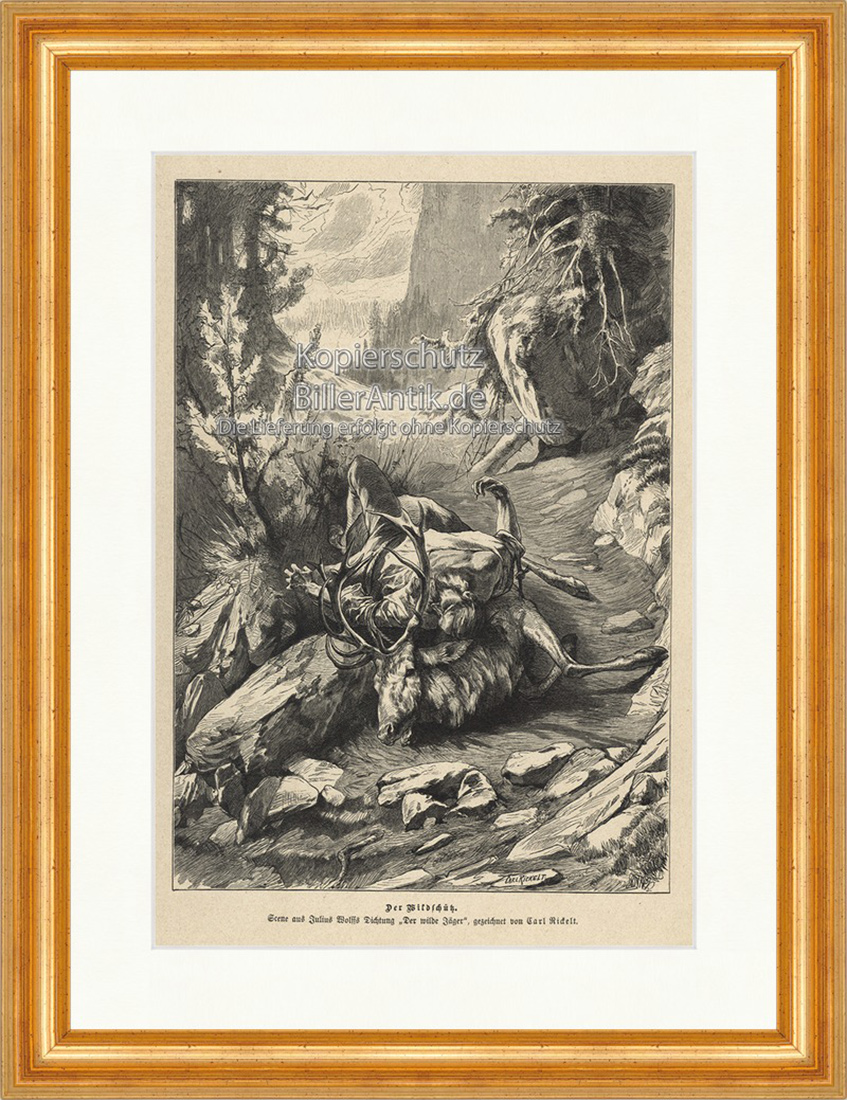 Der Wildschütz Dichtung Der Wilde Jäger Tod Rickelt Holzstich E 19949 Gerahmt