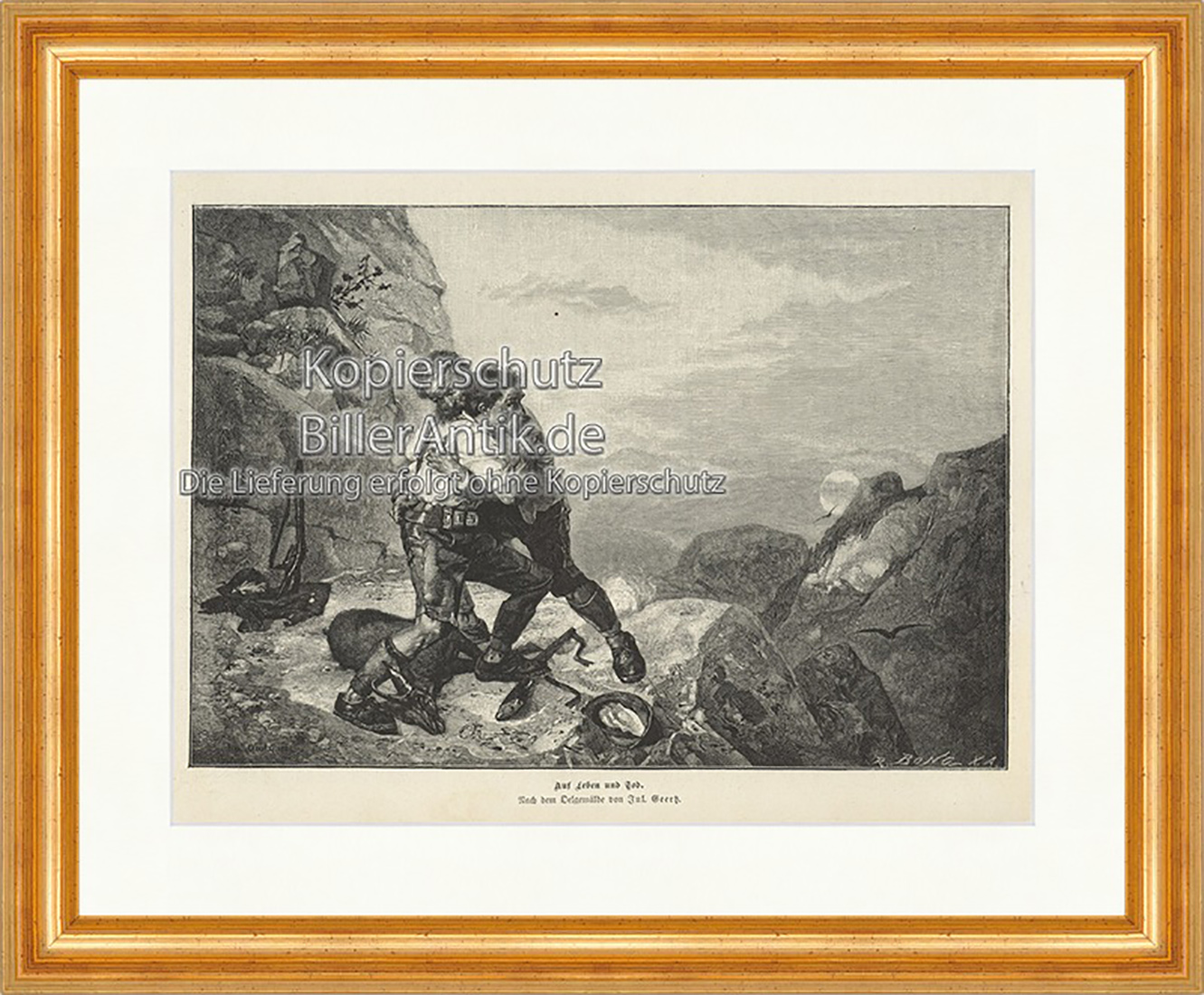 Auf Leben und Tod Kampf Wilderer Gemse Gebirge Sonne Holzstich E 19957 Gerahmt