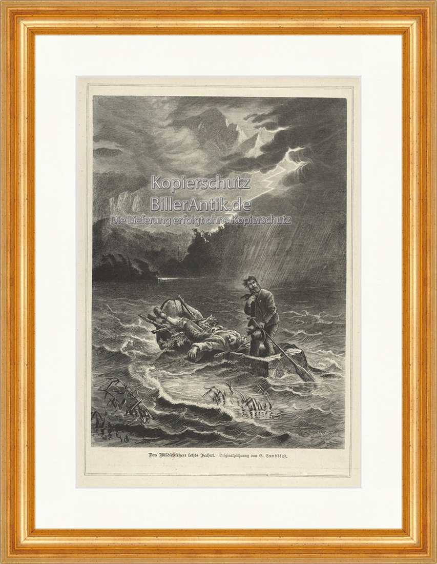 Des Wildschützen letzte Fahrt Sundblad Stürmische See Holzstich E 19959 Gerahmt
