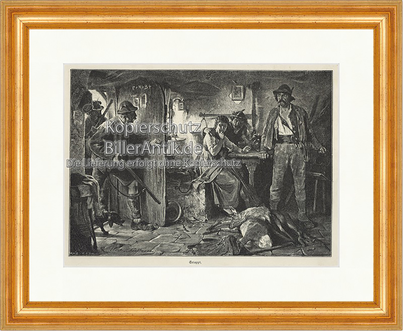 Ertappte Wilderer Jägerslust Schreck Gewehr Weib Hütte Holzstich E 19977 Gerahmt