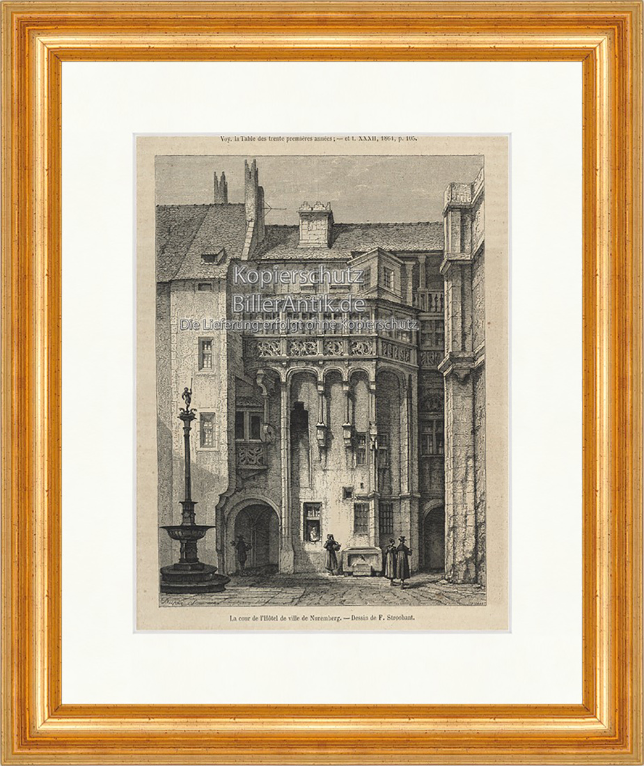 La cour de l Hotel de ville de Nuremberg Nürnberg Holzstich E 20004 Gerahmt