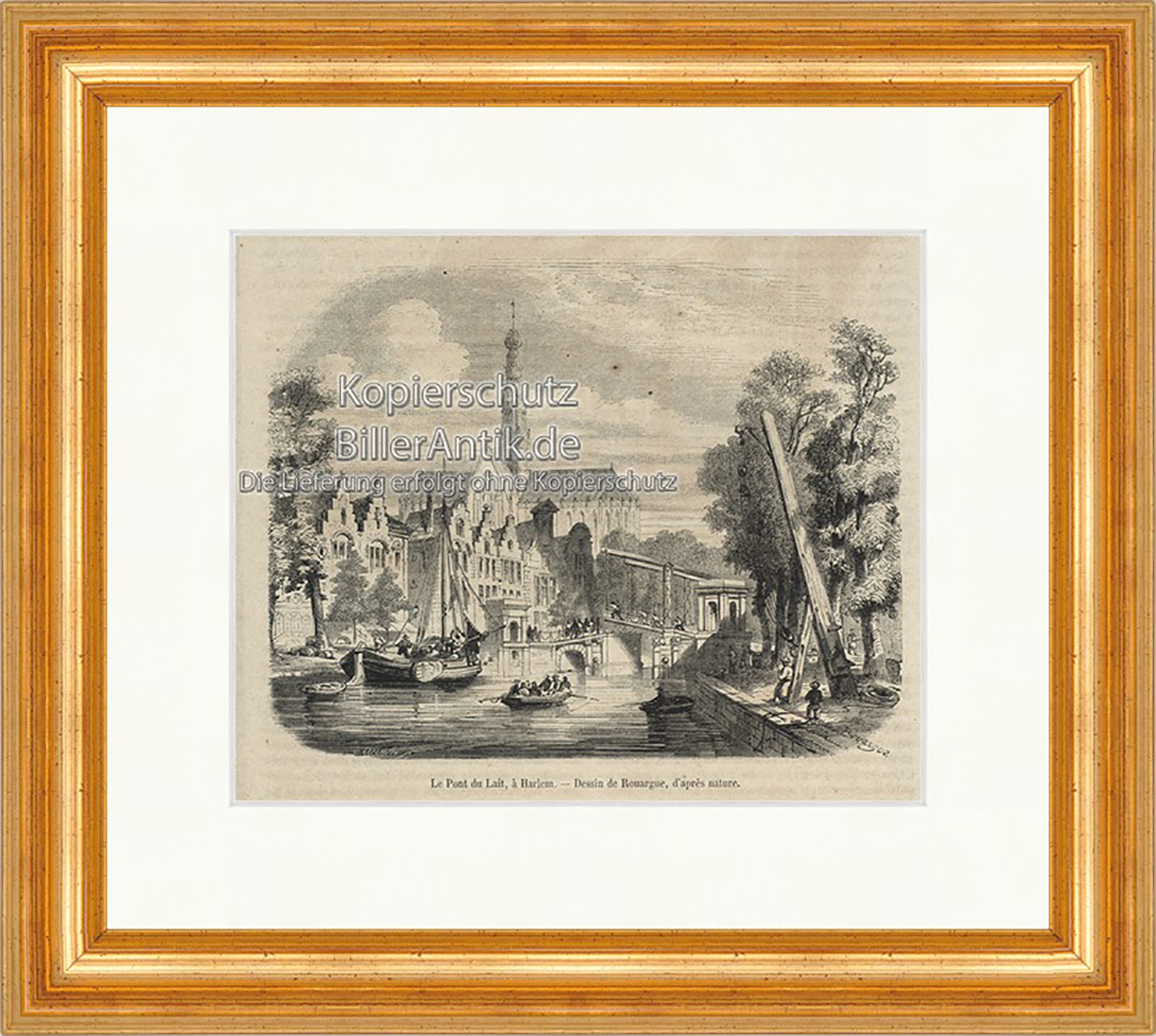 Le Pont du Lait a Harlem New York Schifffahrt Fluss Holzstich E 20007 Gerahmt