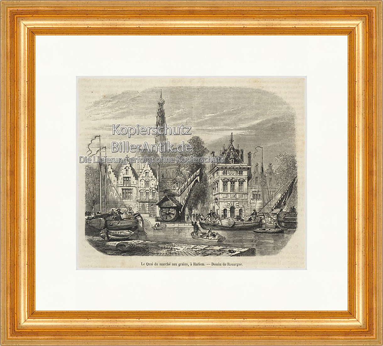 Le Quai du marche aux grains Haarlem Getreidemarkt Holzstich E 20009 Gerahmt