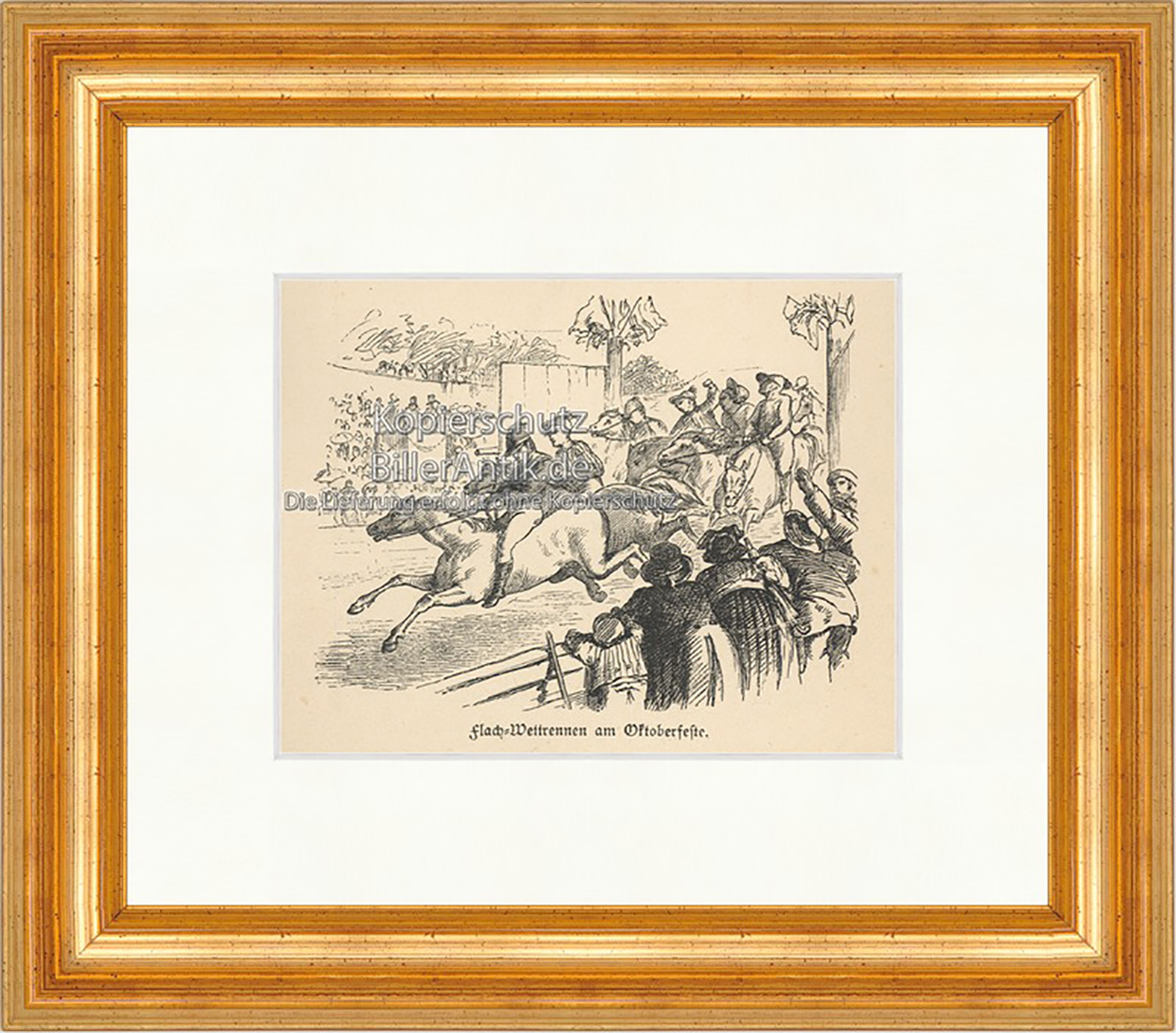 Flach Wettrennen am Oktoberfest Zuschauer Pferd Jokey  Holzstich E 20054 Gerahmt